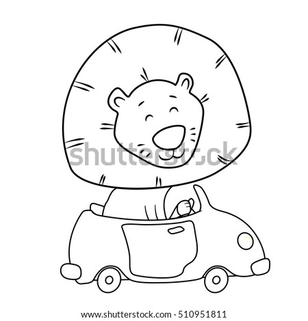 Cute Cartoon Lion Driving A Car Coloring Page For Kids Outline Drawing Line
