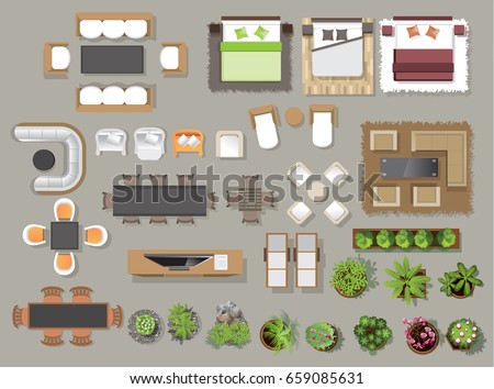 stock vector  interior icons top view tree furniture bed sofa armchair for architectural or landscape 659085631