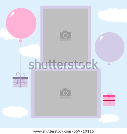 Photo frame for children. Blue sky with clouds and gifts flying on balloons. Template for children's photo album or postcard.