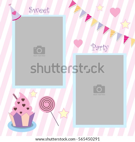 Children's photo frame Happy birthday. Pink and white stripe background vector