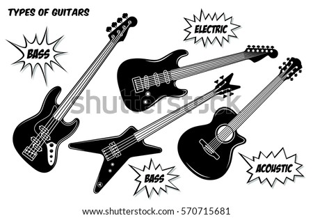 Electric, bass and acoustic guitar with 6 and 4 strings.
Vector black and white silhouette illustration.