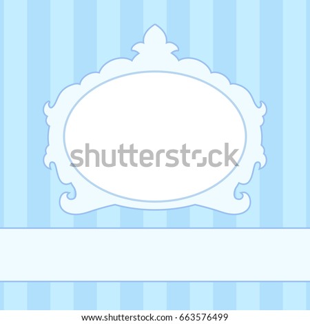 Blue newborn baby photo frame on a background of striped wallpaper background. Vector illustration boyish baroque style frames.