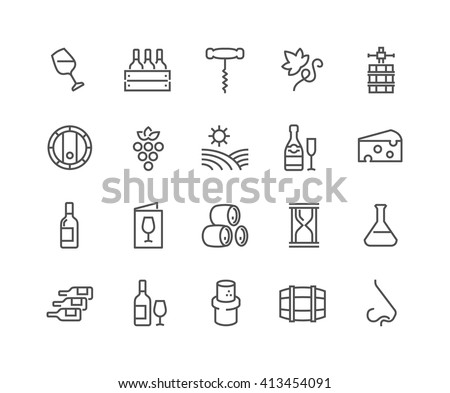 Simple Set of Wine Related Vector Line Icons.
Contains such Icons as Wine Press, Winery, Nose, Cork, Cheese, Menu Vineyard and more.
Editable Stroke. 48x48 Pixel Perfect.