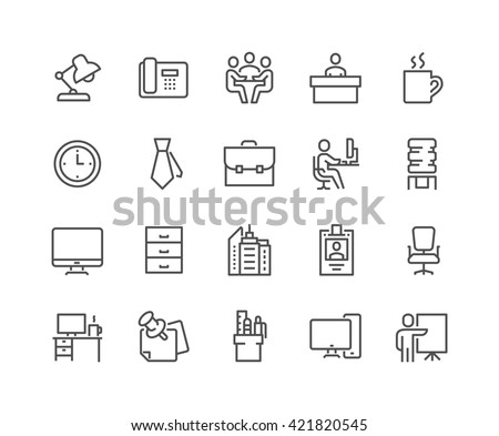 Simple Set of Office Related Vector Line Icons.  Contains such Icons as Business Meeting, Workplace, Office Building, Reception Desk and more.  Editable Stroke. 48x48 Pixel Perfect. 