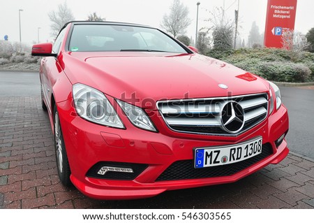 FRANKFURT,GERMANY-DEC 31red :MERCEDES BENZ car on the street on December 31,2015 in Frankfurt,Germany.