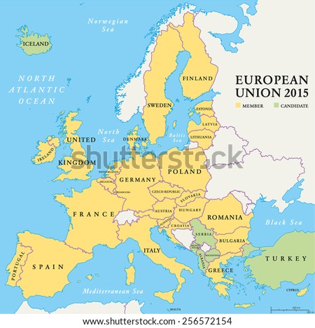 european union countries political map with national borders member countries and candidates 2015 english