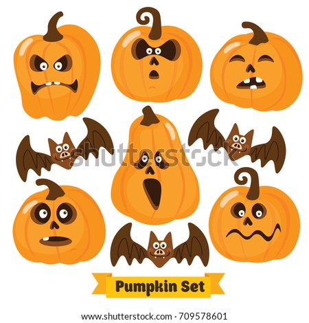 Halloween Funny Pumpkin Set Simple Flat Stock Vector 709578601