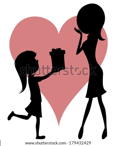 Surprise Mom! Cartoon-style art with black silhouettes of a girl with long hair giving a gift box to her mother.