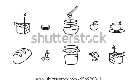 Piece of birthday cake, candle, Piece of cherry pie, Macaroon marshmallow, Honey jar, Jam, Baguette bread, cup of tea Croissant Minimalistic Flat Line Stroke Icon Pictogram Illustration Set Collection