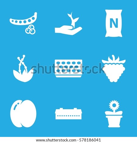 plant icon. Set of 9 plant filled icons such as barn, peach, peas, pot for plants, flower pot, raspberry