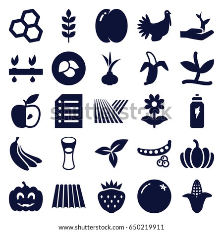 Organic icons set. set of 25 organic filled icons such as wheat, field, leaf, onion, orange, peach, peas, corn, milk glass, flower, strawberry, pumpkin, apple, banana, paper