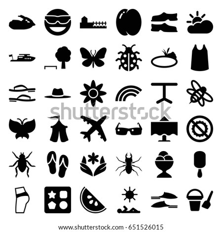 Summer icons set. set of 36 summer filled icons such as peach, beetle, butterfly, bucket toy for beach, from toy for beach, flower, boat, slippers, singlet