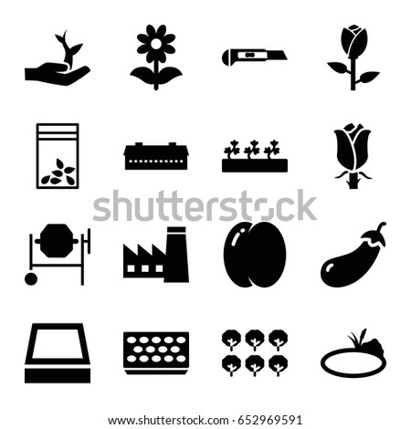 Plant icons set. set of 16 plant filled icons such as barn, peach, eggplant, tree, rose, factory, concrete mixer, cutter, pot for plants, flower, sprout plants, seed bag