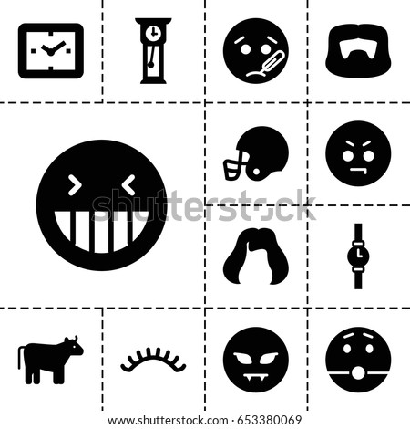 Face icon. set of 13 filled faceicons such as cow, man hairstyle, hairstyle, eyelashes, laughing emot, angry emot, american football helmet, wrist watch, pendulum