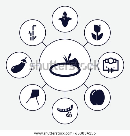 Plant icons set. set of 9 plant filled icons such as peach, peas, eggplant, corn, bamboo, pond, electricity, tulip