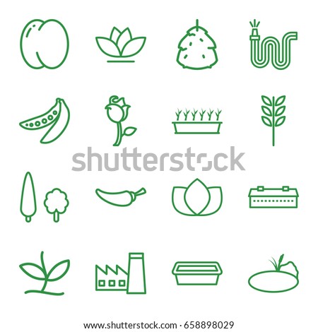 Plant icons set. set of 16 plant outline icons such as barn, berry, peach, factory, lotus, pepper, water hose, pot for plants, flower, peas, rose, tree, pond