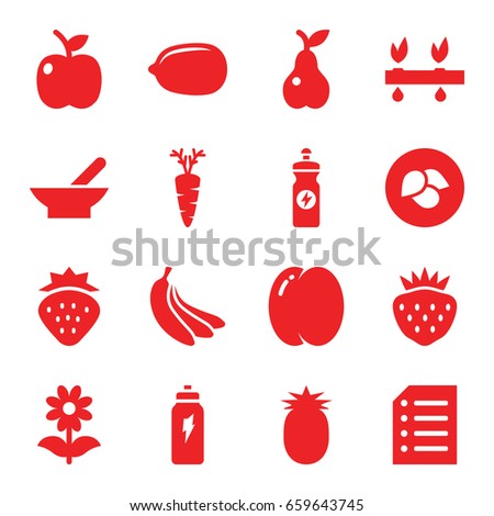 Organic icons set. set of 16 organic filled icons such as leaf, bowl, strawberry, peach, lemon, energy drink, flower, pear, carrot, paper, apple, energetic drink, banana