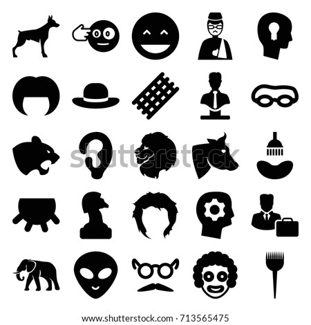 Head icons set. set of 25 head filled icons such as udder, lion, cow, dog, panther, elephant, ear, barber brush, shower, hair curler, woman hairstyle, hairstyle, woman hat