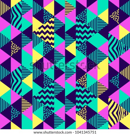  Seamless pattern with multicolor triangle geometric shapes on dark background. retro vintage abstract art print. fashion 80s-90s. Memphis style design. Wallpaper, cloth design, fabric, paper, textile.