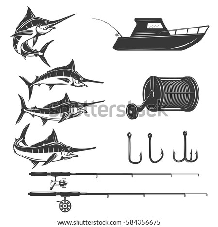 Deep sea design elements isolated on white background. Sword fish icons. Images for logo, label, emblem, sign, menu. Vector illustration.