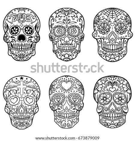 Floral Ornamental Skulls Set Black White Stock Vector 120999010 ...