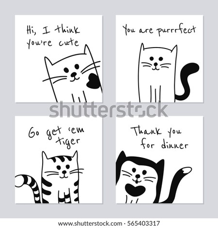 Set of four greeting cards or templates cartoon black and white cats or kittens Set of four greeting cards or templates cartoon black and white cats or kittens