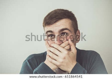 Scared Adult Man Hand Covering Mouth Stock Photo 81521113 - Shutterstock