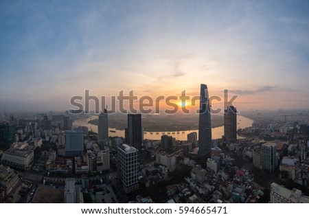 Ho Chi Minh city, Vietnam - February 26, 2017: Aerial view of houses and Business and Sai Gon Center of Ho Chi Minh city in early morning