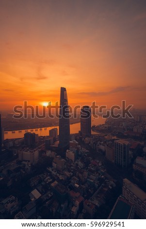 Ho Chi Minh city, Vietnam - February 26, 2017: Aerial view of houses and Business and Sai Gon Center of Ho Chi Minh city