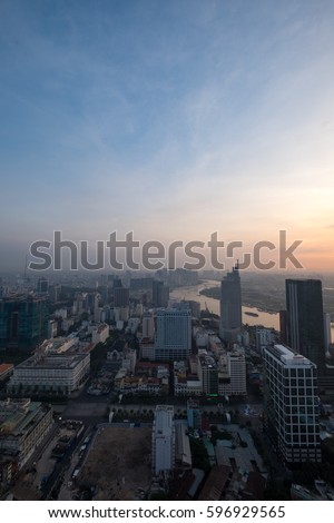 Ho Chi Minh city, Vietnam - February 26, 2017: Aerial view of houses and Business and Sai Gon Center of Ho Chi Minh city