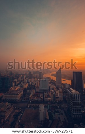 Ho Chi Minh city, Vietnam - February 26, 2017: Aerial view of houses and Business and Sai Gon Center of Ho Chi Minh city