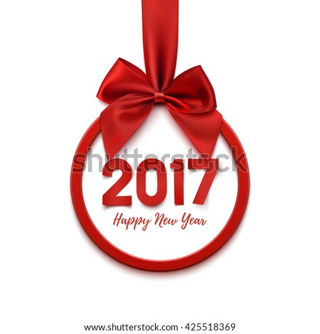 Happy New Year 2017 round banner with red ribbon and bow, on white background. Christmas tree decoration. Greeting card template. Vector illustration.