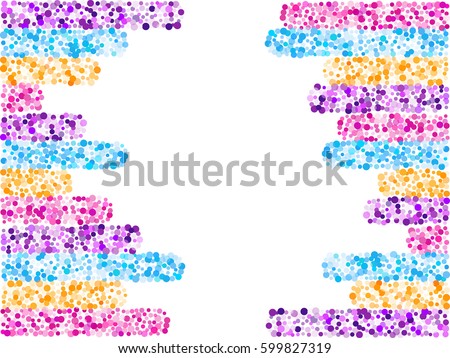 Vertical frame, card border graphic design. Pink, purple, blue, yellow, violet and orange shapes on white background. Abstract bright vector pattern - stripes with round edges made of colorful circles