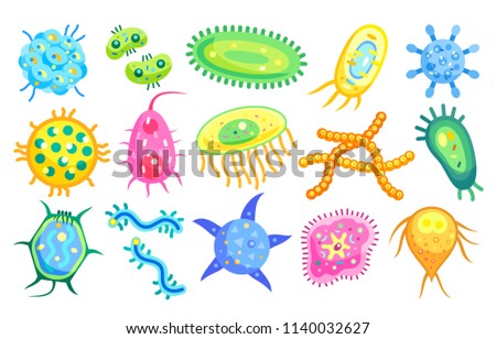 bacteria micro creatures organisms set types of germs and microbes rounded shaped and chained pathogen