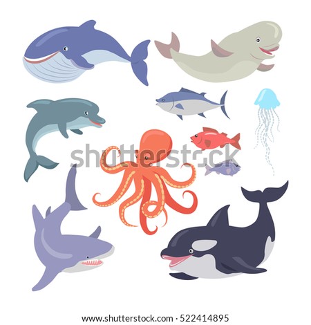 Sea life creatures vector set. Whale, shark, octopus, seals, jellyfish, hake, salmon, dolphin. Sea cartoon inhabitants in flat style design. Sea life animals on white background. Vector illustration