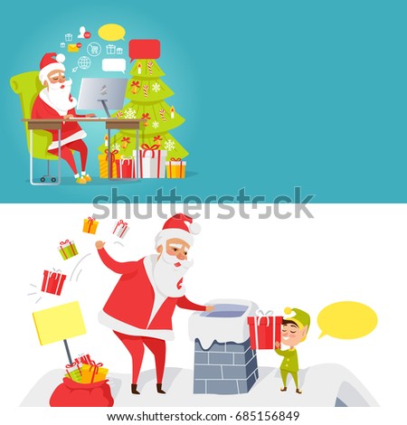 Collection of Merry Christmas and Santa mail pictures in cartoon style. of Santa Claus reading online letters near decorated xmas tree and New Year characters throwing gift boxes in chimney