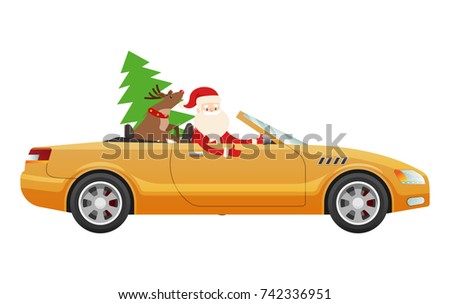 Santa Claus drive on cute yellow luxury car with reindeer and green fir tree. Santa prepares cute present for businessman. illustration of expensive auto with Father Christmas and Rudolf