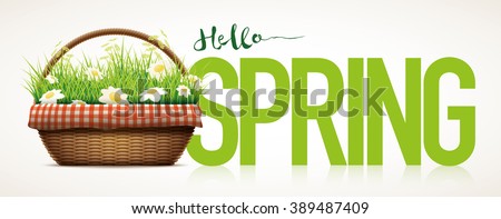 Spring themed poster template. Vector illustration of realistic wicker basket. Grass and daisy flowers in wicker basket. Elements are layered separately in vector file.