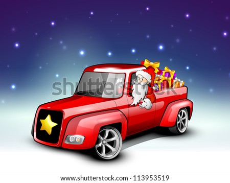 Santa riding Christmas car loaded with gifts. EPS 10.