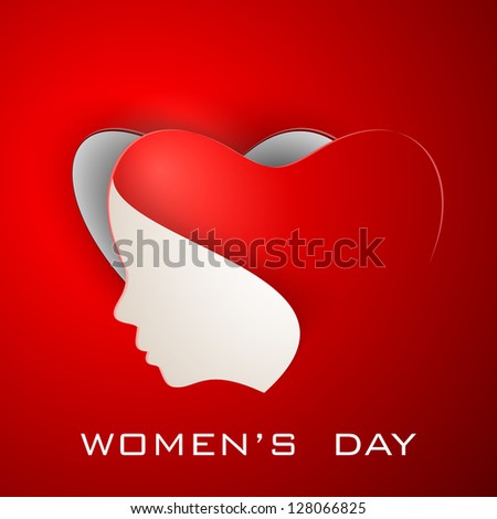 Happy Women's Day greeting card or background with illustration of lady face on red background.