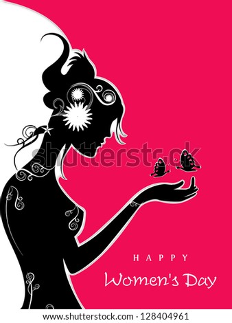 Silhouette of a girl on pink and white background for Happy Women's Day