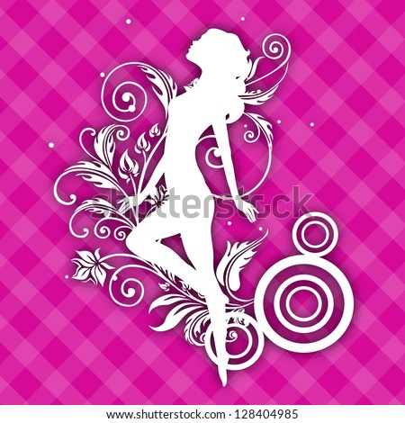 White silhouette of a happy girl on floral decorated pink background for Happy Women's Day.