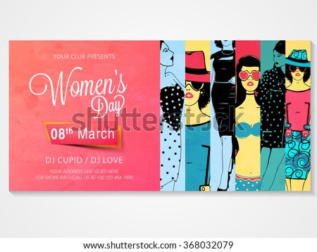 Creative poster, banner or flyer design with illustration of young girls for Women's Day Party celebration.