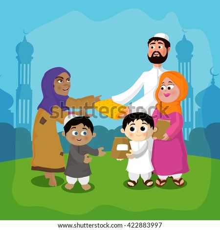 Cute Islamic Family Wishing Giving Gifts Stock Vector 