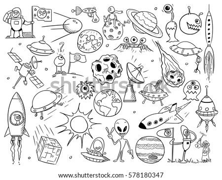 Set of cartoon vector drawing doodle illustration of alien monsters ufo and space objects Set of cartoon vector drawing doodle illustration of alien monsters ufo and space objects