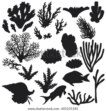 Hand drawn underwater natural elements. Sketch of reef animals. Silhouette set of fishes and corals.