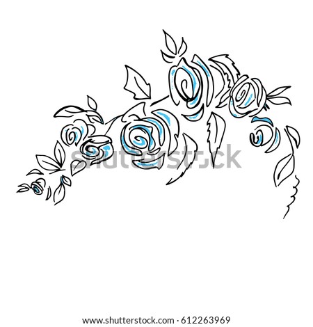 Roses pattern. Roses branch with leaves. Hand drawn sketch vector illustration on white background.