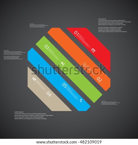 Illustration infographic template with shape of octagon. Object askew divided to five parts with various colors. Each part contains Lorem Ipsum text, number and sign. Background is dark.
