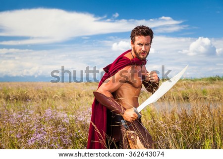 Portrait Ancient Shirtless Warrior Sword Red Stock Photo 362643074 ...