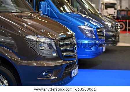 Nadarzyn, Poland - March, 23, 2017: Mercedes-Benz Sprinter parking in a row during presentation on Motor Show.